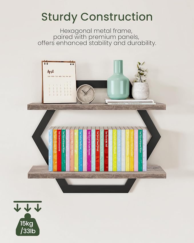 Hexagon Floating Shelves for Wall, Set of 2, 2 -Tier Hanging Shelves, Wall Mounted Storage Shelves, for Living Room, Bedroom, Kitchen, Home Office, Study, Greige TBJ06P2BG