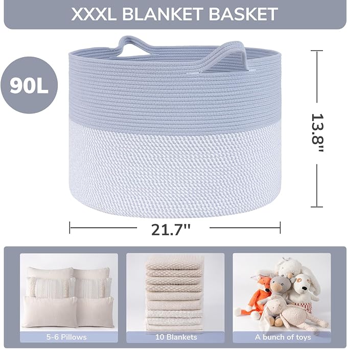 INDRESSME XXXLarge Woven Rope Blanket Basket Living Room Blue, 90L | 21.7" x 13.8" Storage baskets for toys laundry & pillows. Fits living room, bedroom or nursery décor. Soft-touch with handles