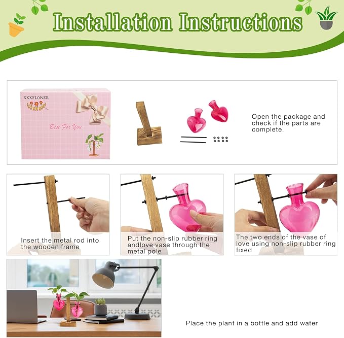 XXXFLOWER Plant Propagation Station Terrarium 2 Pink Heart Shaped Vase | Terrarium Kit Bulb Glass Metal Desk Plant Holder, Retro Air Plants Water Plants, Home Office Decoration