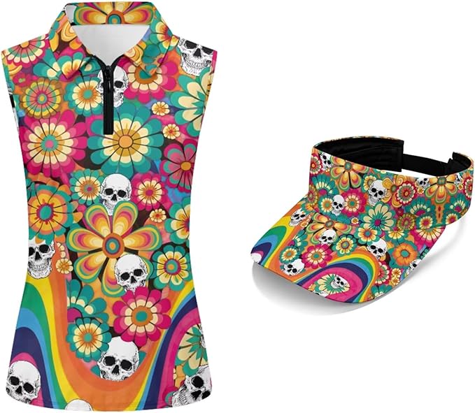 POLERO Golf Tank Top Women Golf Shirts and Visor Hat Collared Racerback Tennis Shirt Set Quarter Zip