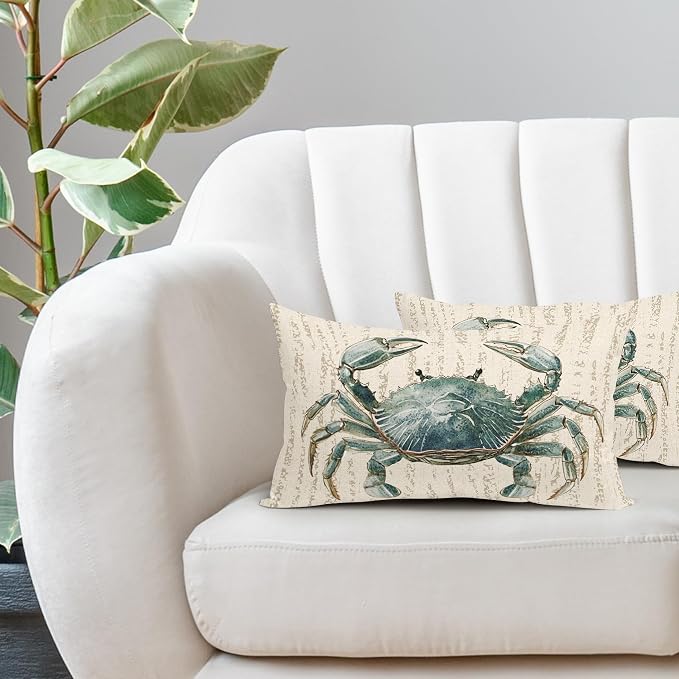 Summer Sea Crab Nautical Pillow Covers 12x20 Inch Set of 2 Coastal Ocean Coral Beach Blue Throw Pillow Cases Outdoor Linen Square Cushion Cover Farmhouse Decor for Bedroom Home Sofa Couch Bed