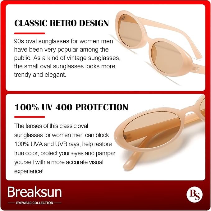 Breaksun Retro Oval Sunglasses for Women Men Fashion Small Oval Sunglasses 90s Vintage Shades