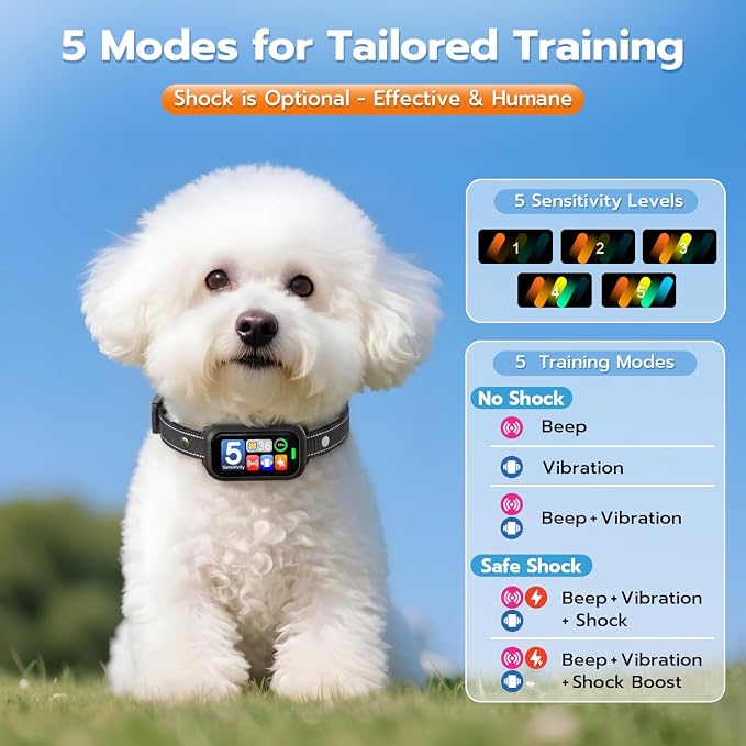Bark Collar for Small Medium Large Dogs 8-100lbs | Upgraded Smart AI Anti Barking Collar w/AirTag Holder, 5 Modes (Beep/Vib/Safe Shock), Adjustable Sensitivity, Bark Counter, Rechargeable Waterproof