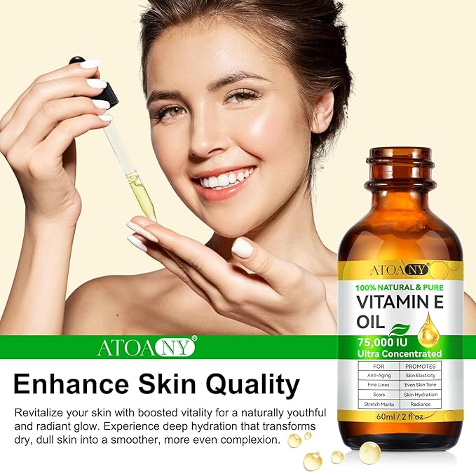 flasture Vitamin E Oil for Skin 75,000 IU – 2 Pack Vitamin E for Face, Hair, Scars, Nails, Ultra-Hydrating Body Oil for Dry Skin Wrinkles,Cold-Pressed, Non-GMO, Skincare Formula –2 Fl Oz