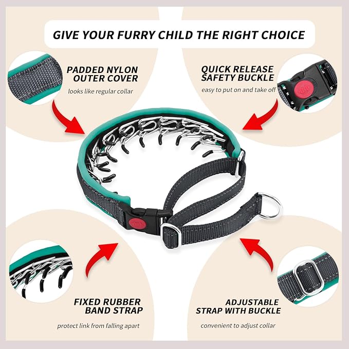 Martingale No Pull Dog Collar for Large Medium Small Dogs, Heavy Duty Nylon Reflective Adjustable Anti Pull Slip Collar with Buckle for Training Walking S Black Green