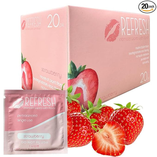 Flavored Feminine Wipes for Women - 20 Count -, Individually Wrapped - pH Balanced Flavored Intimate Wipes - (Strawberry)