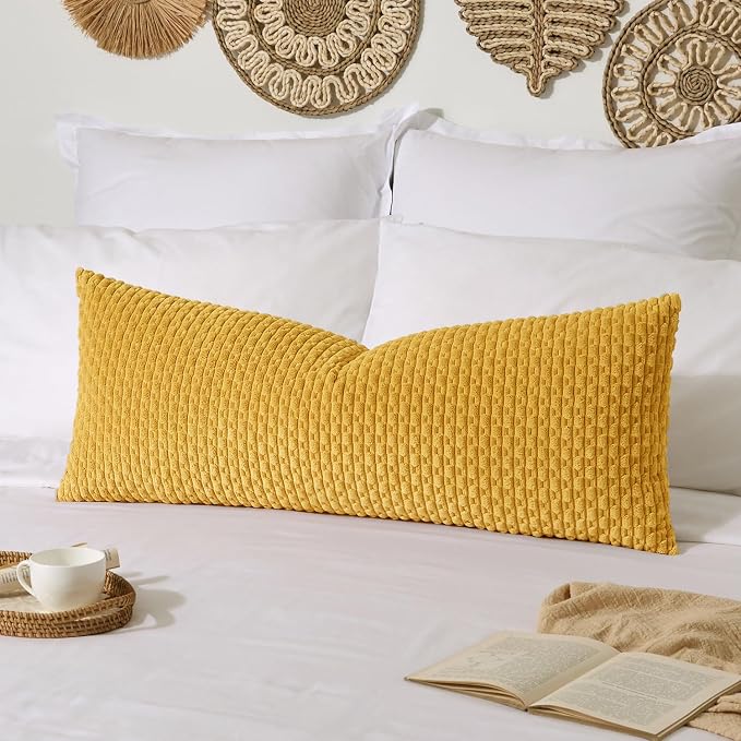 Kevin Textile Soft Corduroy 14"x36" Pillow Cover 1 Pack, Mustard Yellow | Boho Stripe Plush Corduroy Decorative Oblong Cushion Cover Modern Farmhouse Home Decor for Sofa Couch Bed Chair
