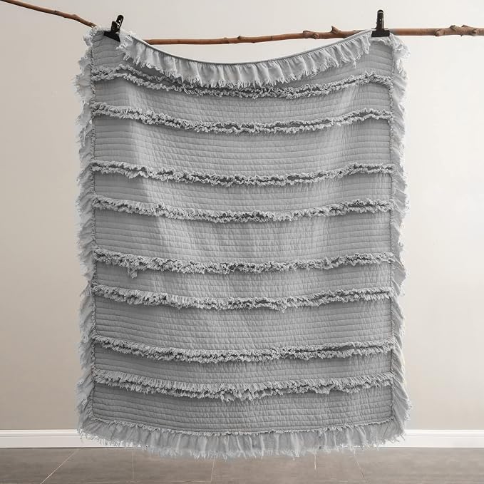 Ultra Soft Pre-Washed Quilted Boho Grey Twin Size Blankets for Bed, Ruffle Fringed Decorative Throw, Stone Washed Chic Rustic Blanket for Sofa Couch Bed, 60"*80"