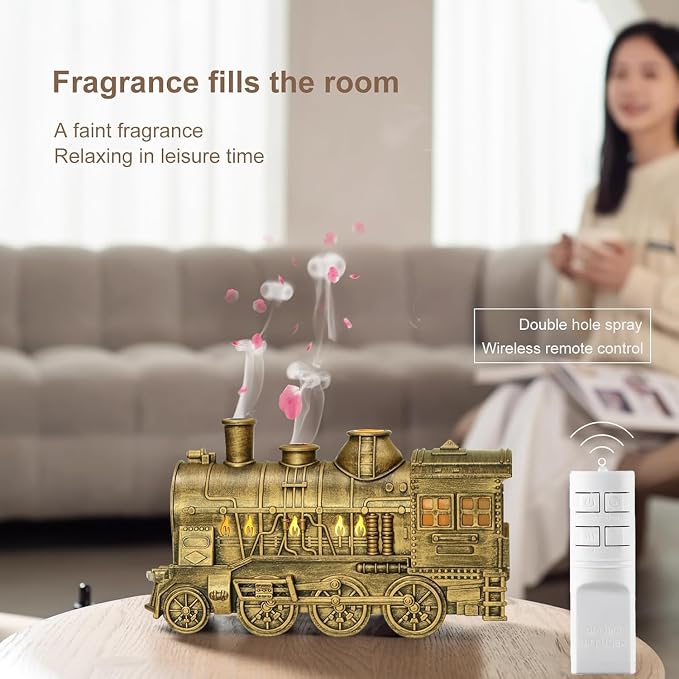 Train Diffuser 300ml, Aromatherapy Diffuser Cool Mist Ultrasonic Aroma Train Diffuser with Remote Control 2 Light 2 Mist Mode Auto Shut-Off for Bedroom Office Hotel(Bronze)