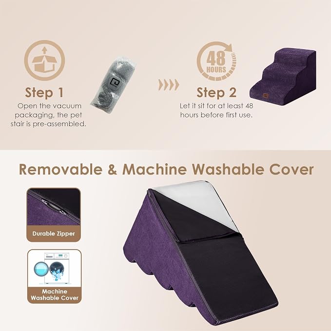 EHEYCIGA Curved Dog Stairs Ramp, 3-Step Dog Steps, 15.7" H Pet Step | 33D density of pure foam, for Small Dogs and Cats, Pet Stairs for High Bed Climbing, Non-Slip Balanced Indoor, Purple