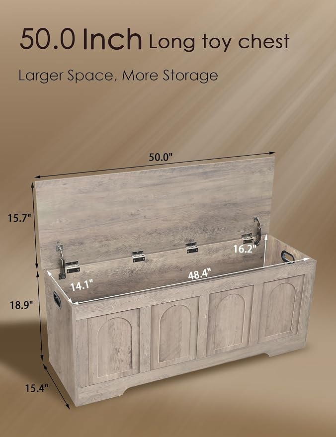 Storage Chest, Wooden Toy Box, Greige 50.0" L | Extra Large Storage Bench, 2 Soft-close Hinges, Finger-safe Flip-Top Lid, Easy Assembly, Farmhouse Trunk, Living Room/Bedroom
