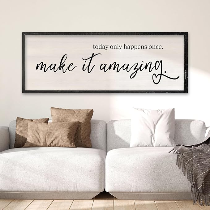 RLWangChao Today Only Happens Once Make It Amazing Wall Art 40"X15" Black | Large Inspirational Quote Sign Rustic Living Room, Vintage Wood Frame, Office Motivational Home Wall Hanging Decor