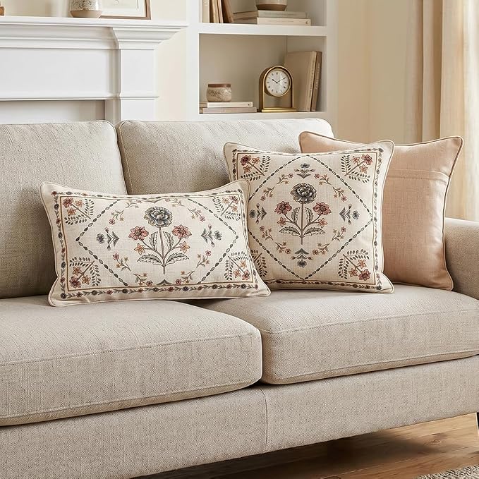 Designer Linen Throw Pillow Cover,Set of 2,18"x18"-Cornucopia B | Elegant French Square Pillow Cover,Concealed Zipper Design,Floral Pattern,Sofas,Bedroom,Living Room,Lounge Chairs