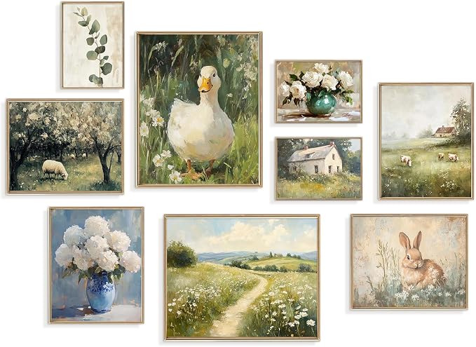 KBKBART 9pcs French Decor For Home - Country French Wall Art Posters, Easter Bunny Goose Pictures,Vintage Art Gallery Wall Prints Landscape Painting For Bedroom Decor(Unframed)