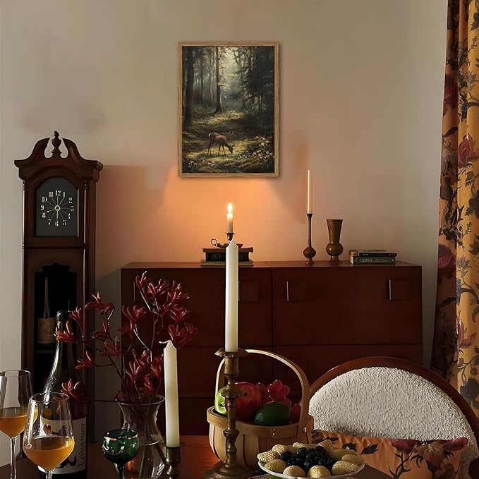 Framed Vintage Forest Deer Canvas Wall Art, Rustic Nature Landscape Paintings Wall Decor, Woodland Animal Pictures Prints Cottagecore Home Decor for Living Room Bedroom Office 12x16 inch