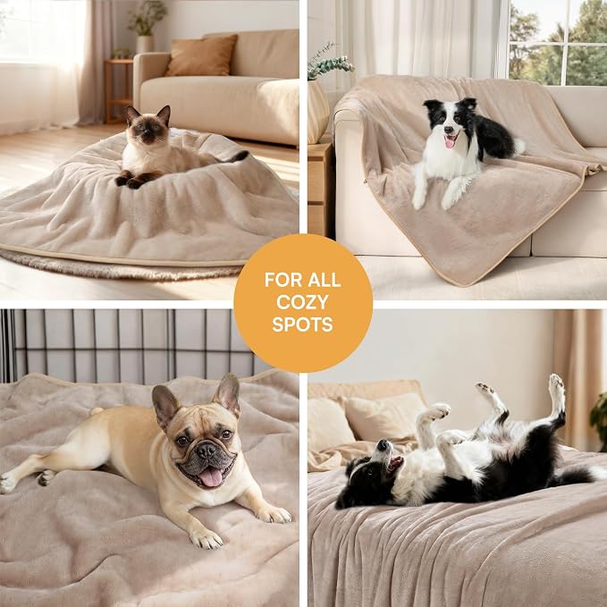Luciphia Waterproof Blanket for Large Dog, Reversible Sherpa Couch Cover | waterproof pet blanket sherpa fleece reversible couch cover bed protector car from spills scratches, Khaki+Beige 65" x 57"