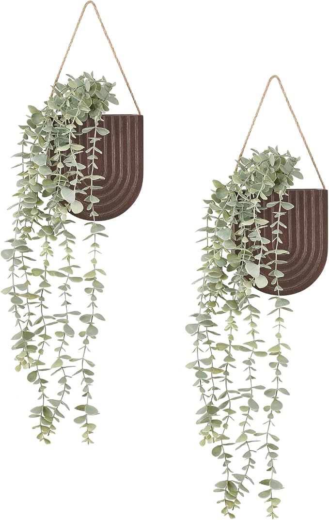 Dahey 2 Pack Wall Planter Vase with Hanging Fake Plants for Bathroom Decor | Eucalyptus Wall Plants, Boho Farmhouse Wood Wall Art Decor for Living Room Bedroom Kitchen Home Office, 2 Ways to Hang, Brown