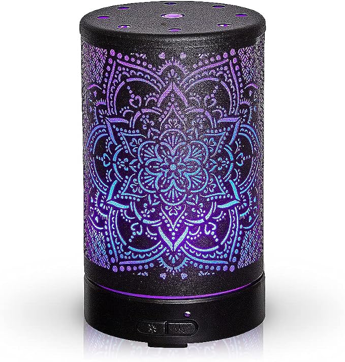 AROMAR Essential Ultrasonic Oil Diffuser Cool Mist Humidifier & Aromatherapy Metal Diffusers for Essential Oils with Auto Shut-Off and 7 Colors LED for Home and Office (Black Mandala)