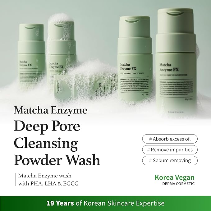 Matcha & Enzyme Powder Wash, Gentle Face Wash for Sensitive Skin, Removes Impurities, Daily Exfoliating Pore Cleansing Foam, Powder to Foam, Fragrance Free Korean Skincare 1.76 oz