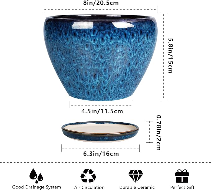 Ceramicfor 8 Inch Ceramic Plant Pot, Ceramic Planter Pot for Indoor Outdoor Plants, Round Flower Pot with Drainage Hole and Saucer, Blue