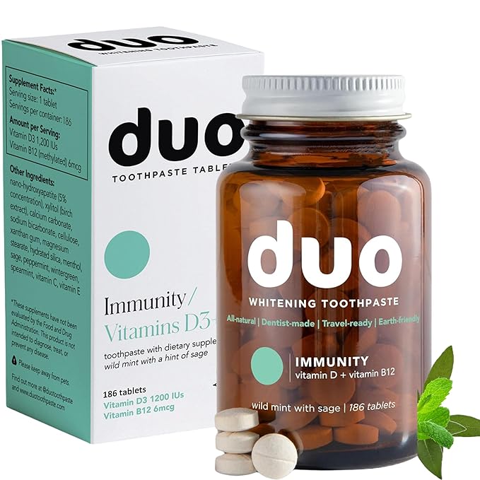 Duo Immunity Toothpaste Tablets – Vitamin D3 + B12 with Nano-Hydroxyapatite | Oral Health Supplement | Wild Mint & Sage Flavor | 186 Tablets, 1 Bottle