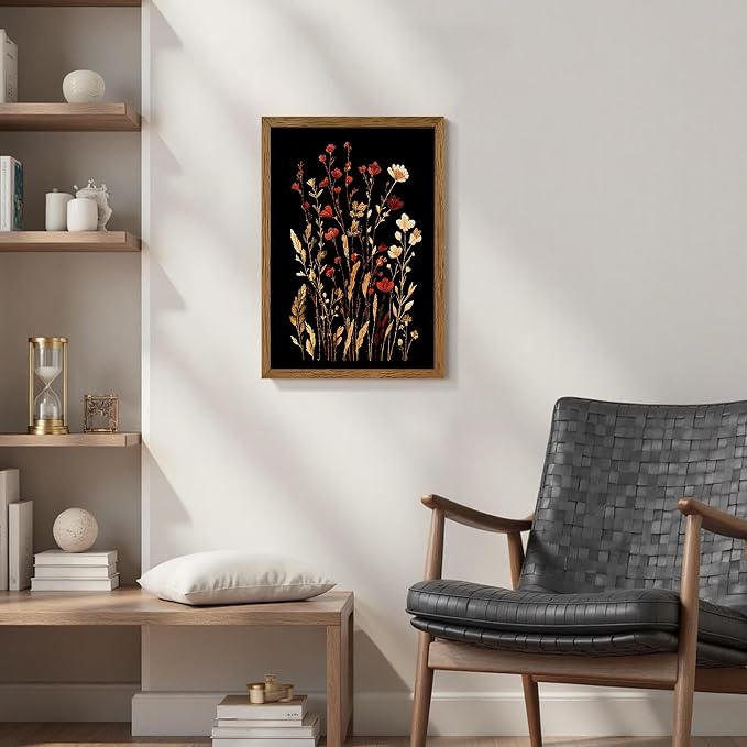 JLTULT Black Floral Wall Art, Vintage Wildflower Framed Canvas, 16 x 24 in | Black-background wildflower art on fade-resistant canvas with a ready-to-hang solid wood frame for bedrooms and bathrooms