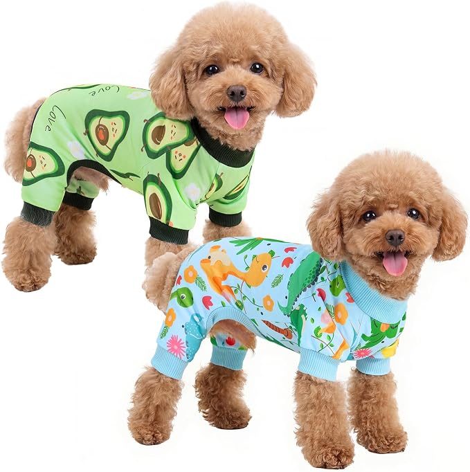 XPUDAC 2 Pack Dog Pajamas for Small Breeds, 4-Way Stretch Soft Dog Onesie Lightweight Warm Pet Clothes Jammies for Large Breeds Dinosaur Avocado Print, M