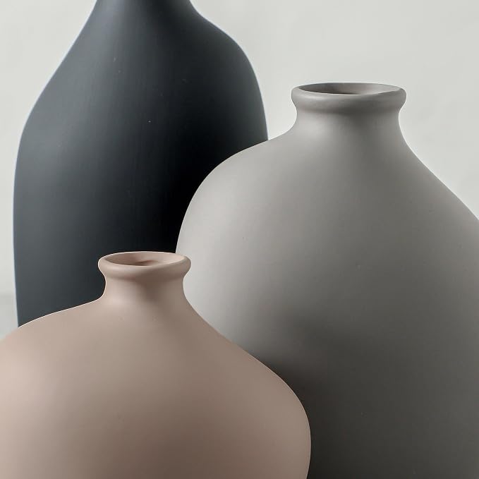 Ceramic Vase Set of 3, Small Modern Minimalist Pottery Vases for Home Decor | Set of 3 with unique shapes and matte finish, perfect for shelves, tables, dried flowers and pampas grass.