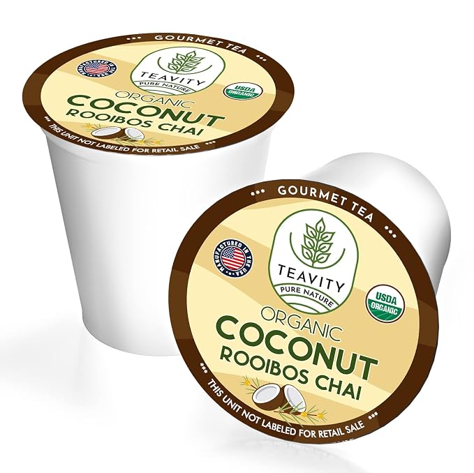 Coconut Rooibos Chai Tea Pods for Keurig - Organic Ginger Tea, Rooibos, Cinnamon, Cardamom, Coconut & Chai by Teavity (24 Tea Pods)