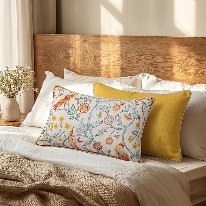 patdrea French Linen Throw Pillow Cover,12"x20",Set of 2-Magnolia A | Vintage Decorative Pillow Case with Zipper,Yellow Floral Pattern,Cushion Coverfor Couch Living Room Bedroom Sofa