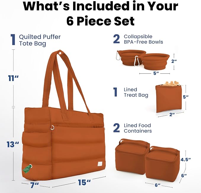 Rubyloo Puffer Dog Travel Bag for Dog Moms, Diaper Bag with Travel Bowls