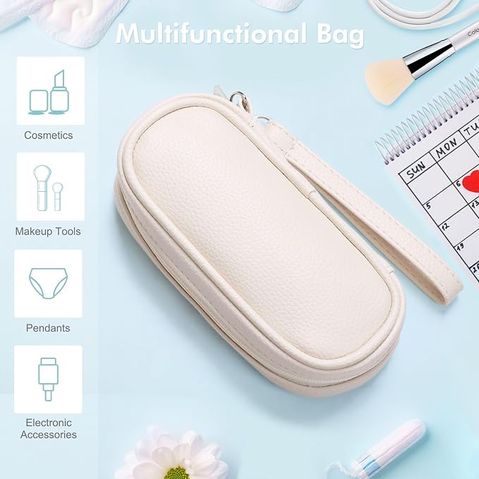 Portable Tampon Organizer Bag, Beige PU Pouch with Handle and Zipper for Women's Period Products