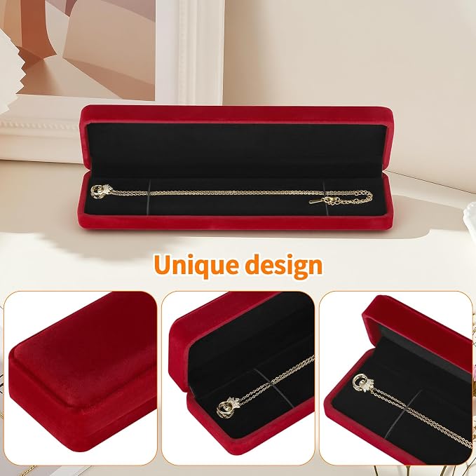 KUKUVR 2 Pcs Velvet Necklace Gift Box, Long Jewelry Storage Holder Case for Chain Pendant Bracelet Engagement Birthday Anniversary (Red)