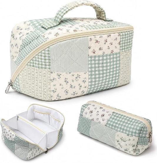 Travel Makeup Bag for Women,Large Capacity Quilted Cosmetic bag， 2PCS Make up Bag Set Open Flat Toiletry Bag for Skincare, Brushes & Travel Essentials (Blue1)