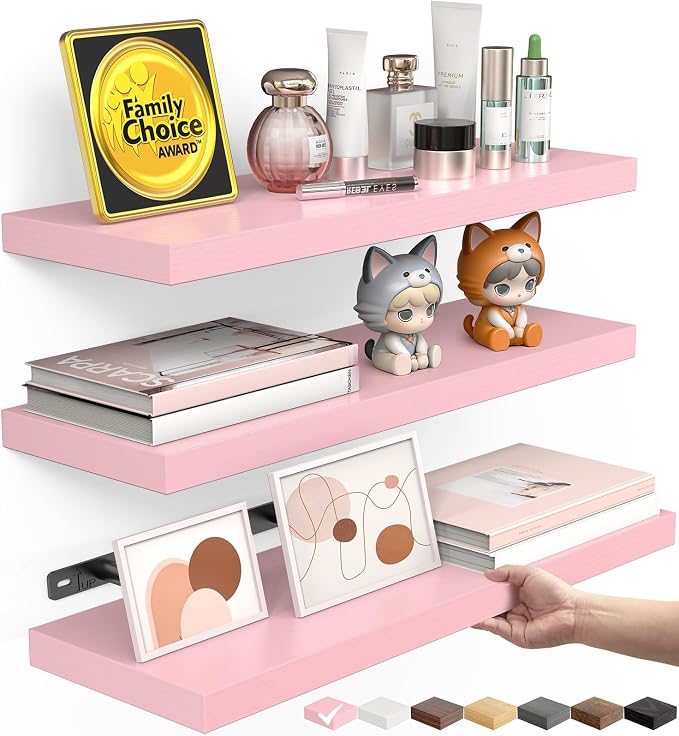 BAYKA Pink Floating Shelves 15.7in, Set of 3, Wall Mount Rustic Wood Shelf | 22lbs Max Load, Hidden Bracket, for Bathroom Bedroom Kitchen Display Storage Decor, Easy Install, Multi-Wall Compatible