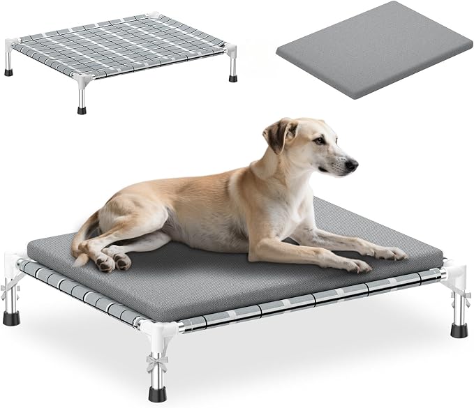 Elevated Dogs Bed with Cushion, Raised Cooling Lifted Outdoor Dog Mat Beds | Medium Large Portable Lifted Pet Cot Stainless Steel Frame Indoor Outside Breathable Hammock Beds