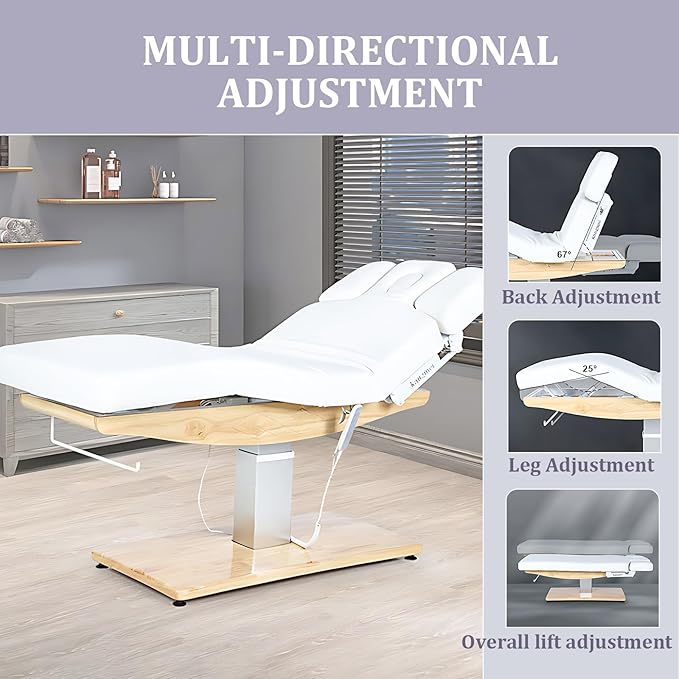 Massage Table-Electric Massage Table with Modern Minimalist Style, SPA Treatment Bed Includes One-Button Lifting, Liftable Armrests, Hardware Rack (White)