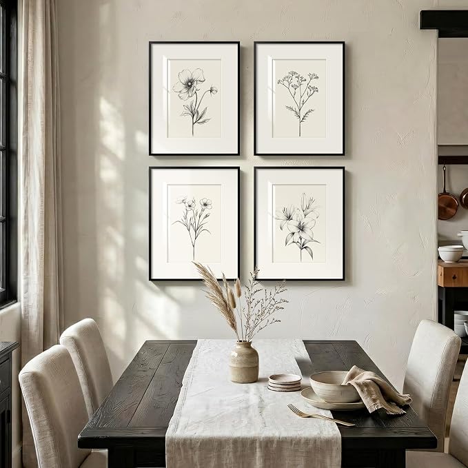 Framed Black and White Botanical Wall Art for Bathroom, 4 Piece 11x14 In | Minimalist floral wall decor, Vintage boho flower pictures, Plexiglass with mat prints, Living room office hallway decor
