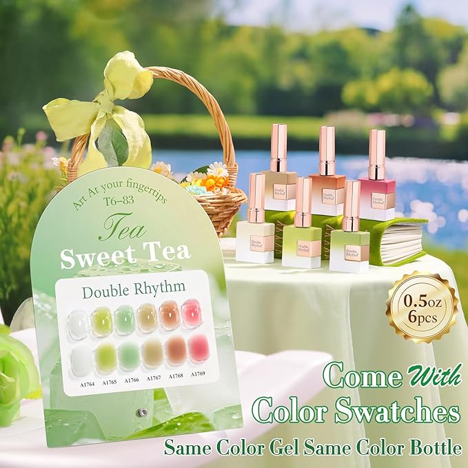 Double Rhythm 6 Pcs 15 ML Gel Polish Set Same Color Same Bottle Soak Off Gel Polish Kit Nail Art Manicure Salon DIY at Home (Jelly White Mint Green Olive Tea Brown Rose Red-T6-83)