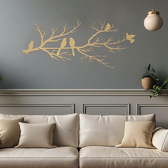 ESTART Metal Birds Wall Art, Metal Vivid Birds on Branch Silhouette Wall Decor Gold Leaves with Bird Outdoor Hanging Wall Sculpture for Home Living room Bedroom Balcony Garden (Gold, Large)