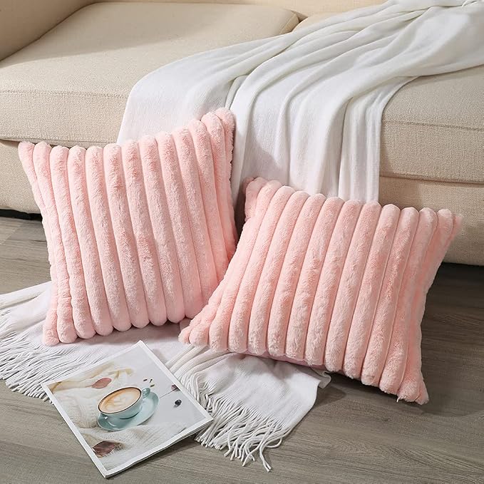 Soleebee Set of 2 Throw Pillow Covers Soft Cozy Velvet Pillowcase Faux Rabbit Fur Cover for Couch Sofa Bed Chair Home Decorative Pillows Cover (18x18 Inch, Pink)