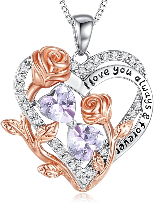 I Love You Birthstone Necklace, 925 Sterling Silver Heart Pendant with CZ Diamond Stones, Birthday Gifts for Women, Romantic Gift for Wife, Girlfriend, Her, Anniversary, Valentine's Day, Christmas