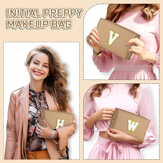 TOPEAST Travel Makeup Bag, Personalized Initial Toiletry Bag w Zipper, Cute Makeup Pouch, PU Leather Waterproof Cosmetic Bag, Birthday Gift for Daughter, Preppy Things for Girls (Khaki G)