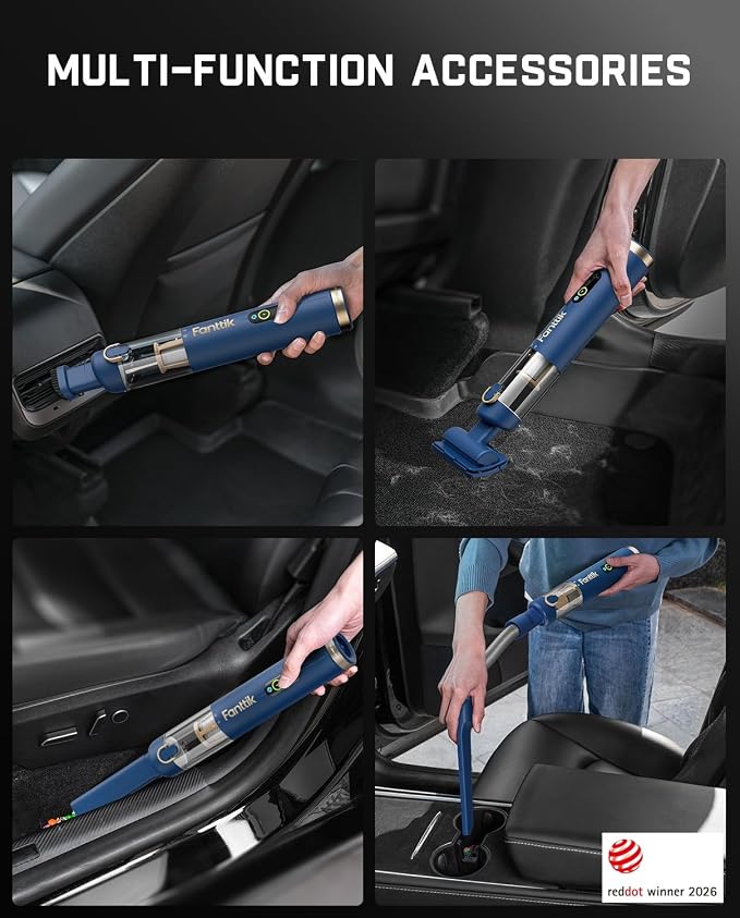 Fanttik Slim V10 APEX Cordless Car Vacuum, 4-in-1 Portable Mini Handheld Vac, Upgraded Smart Digital Display, 19kPa Suction Power, 2 Suction Modes for Small Jobs, Car, Office Desk, Keyboards (Blue)