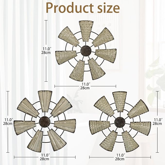 Briful 12" Wall Décor Pack of 3 Metal White & Black Windmill Radial Plate Wall Art Modern Accent Hanging Wall Decorations For Home Office Living Room Wall Sculptures