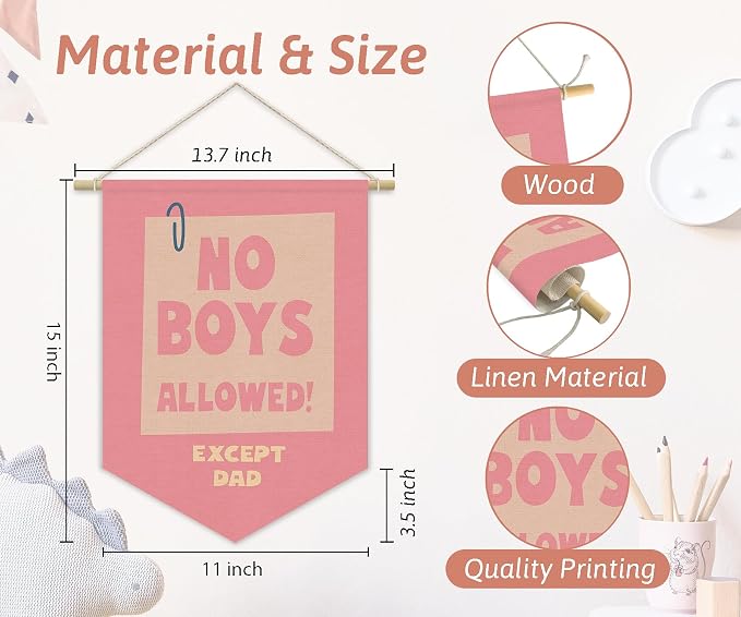 Girls Room Sign Decor Banner,No Boys Allowed Door Sign,Pink Cute Wall Decor for Teen Girls Bedroom Playroom Toddler Little Girl Stuff Wall Hanging Pennant Flag Linen Banner 15x11 Inch
