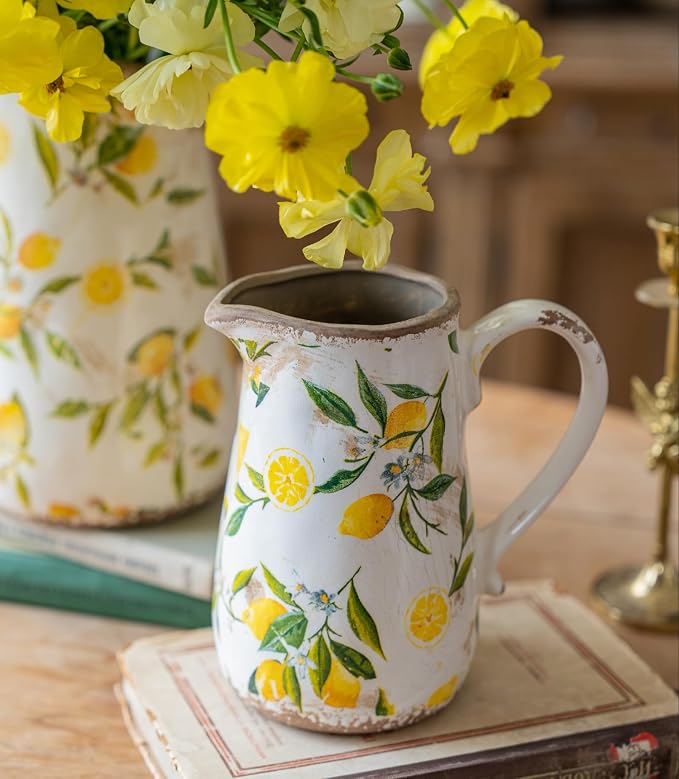 Vintage Lemon Ceramic Vase with Handle, Retro Ice Glazed Crack Farmhouse Pitcher Vase for Home Decor, Living Room, Shelf, Office, Rustic Table Centerpiece 7 Inch