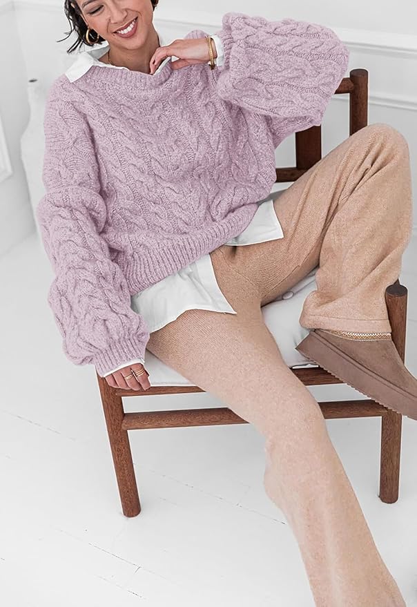 PRETTYGARDEN Womens Sweaters Spring 2026 Cable Knit Long Sleeve Crewneck Oversized Sweater Chunky Pullover Loose Outfits