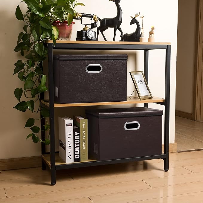 Foldable Storage Bins with Lids [5-Pack] Leather Fabric Collapsible Storage Boxes Organizer Containers Baskets Cube with Cover for Bedroom Closet Office Nursery Brown 14.9x10.8x10