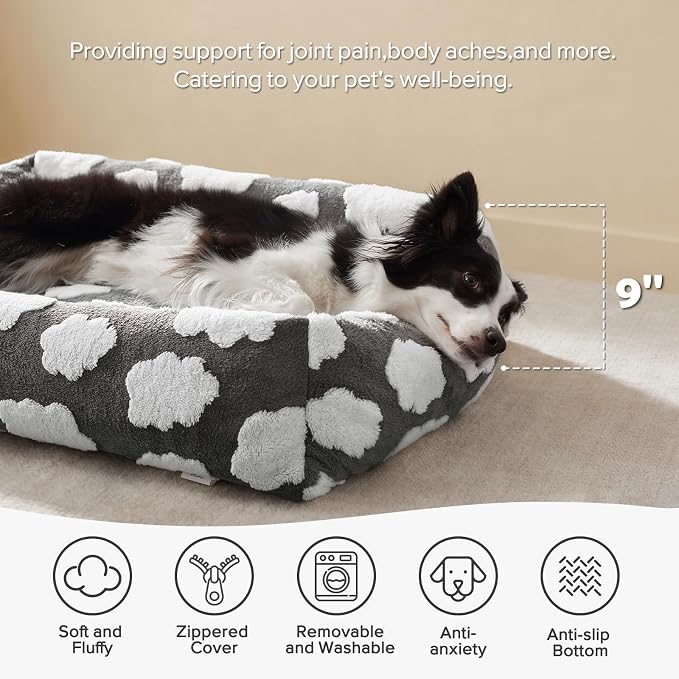JOEJOY XL Dog Beds Large Sized Dog, Rectangle Washable Orthopedic Pet Bed with Removable Zipper Cover, Cute Soft Calming Puppy Pet Bed with Jacquard Shaggy Plush & Non Skid Bottom
